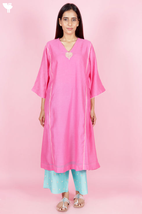 Chanderi Silk Kurta And Pant Set With Gold Block Print